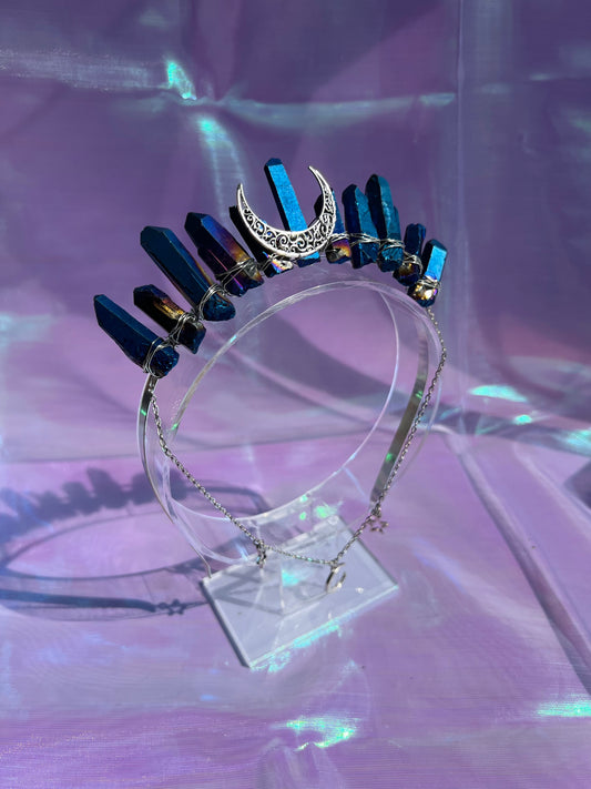BLUE RAINBOW AURA SILVER GODDESS CRYSTAL CROWN