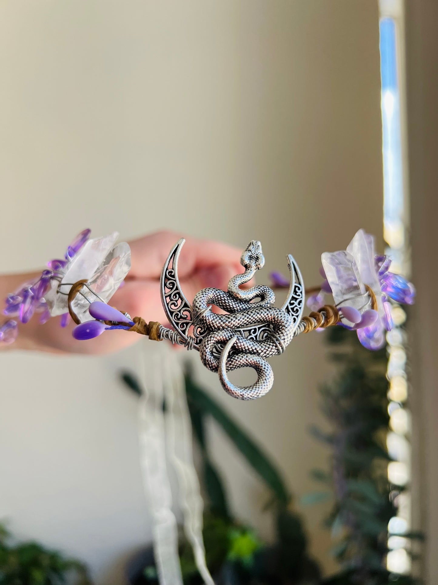 FOREST FAIRY TIARA PURPLE WITH CLEAR QUARTZ CRYSTALS