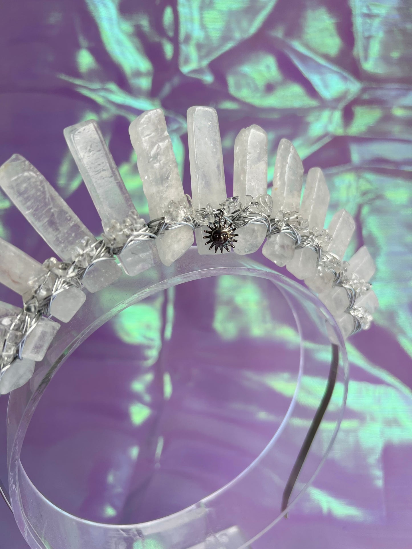 CLEAR QUARTZ SILVER CROWN with Clear Quartz crystal chips & sun pendant