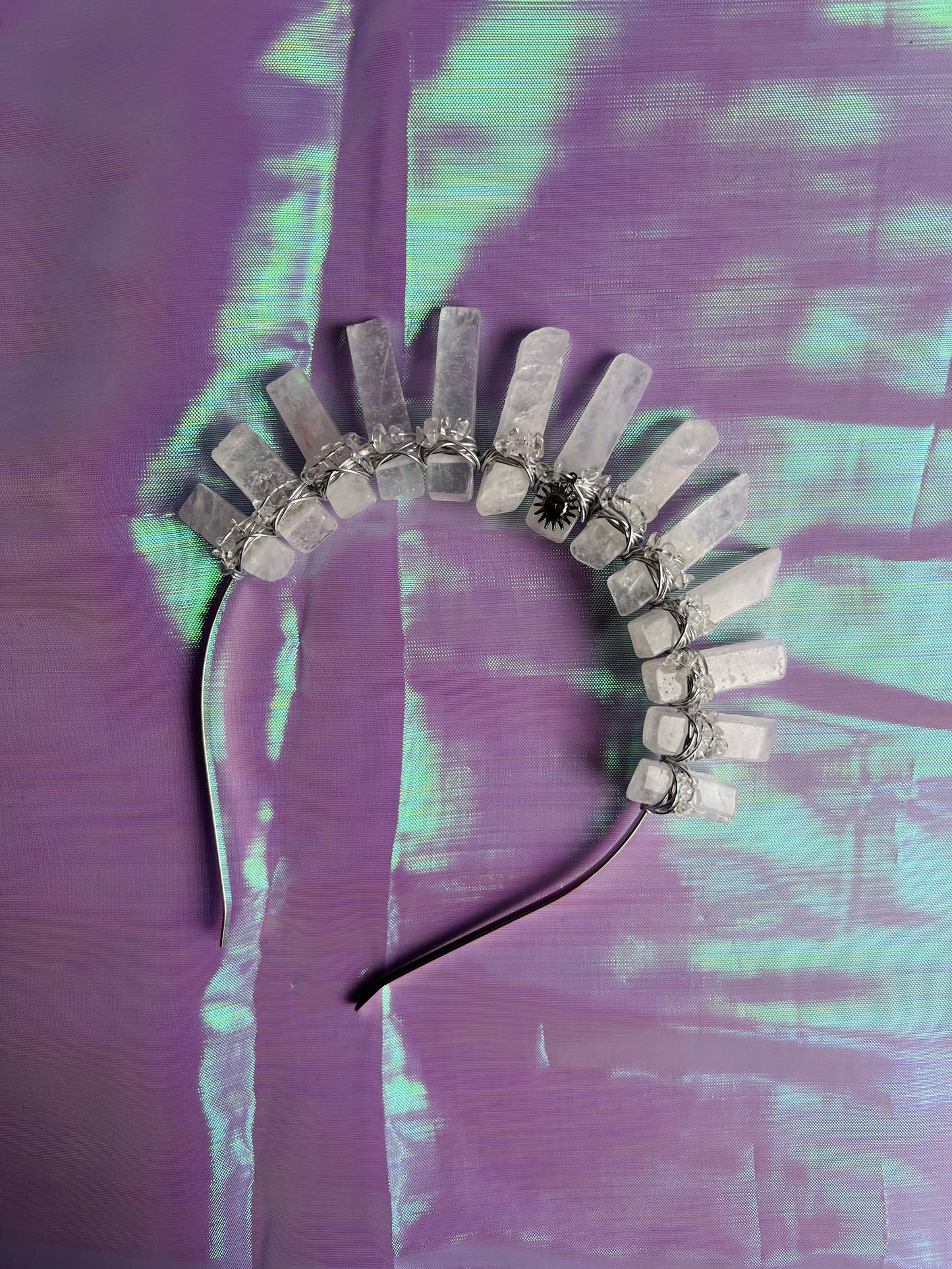 CLEAR QUARTZ SILVER CROWN with Clear Quartz crystal chips & sun pendant