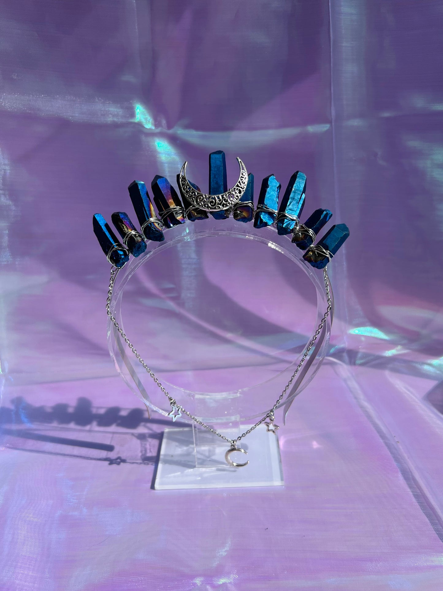 BLUE RAINBOW AURA SILVER GODDESS CRYSTAL CROWN