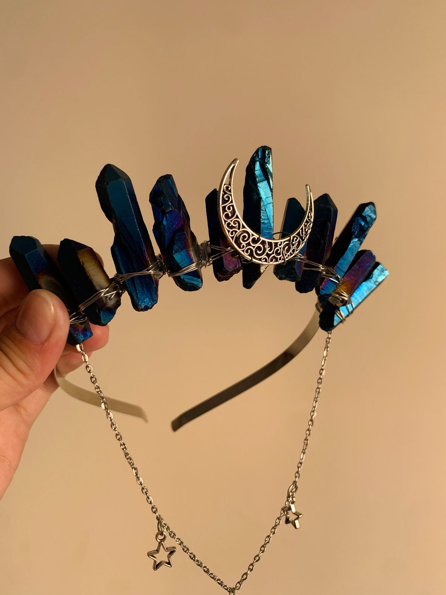 BLUE RAINBOW AURA SILVER GODDESS CRYSTAL CROWN