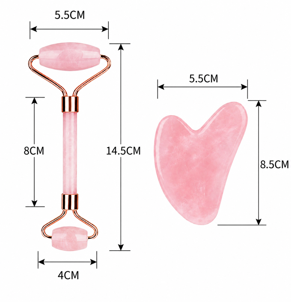 Measurement chart of a pink facial roller and gua sha tool on a white background