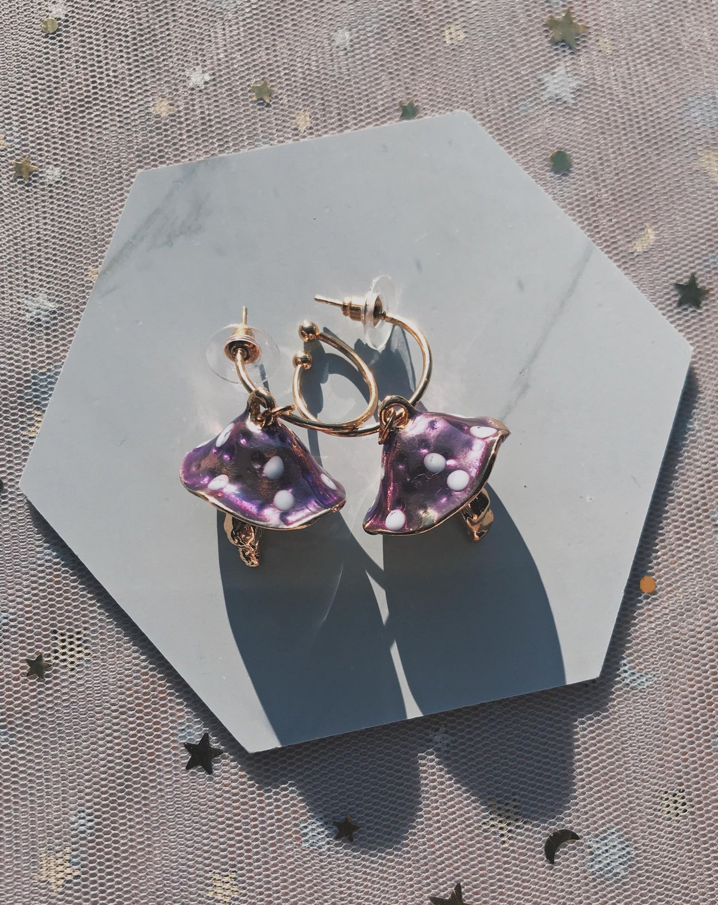 PURPLE & GOLD MUSHROOM EARRINGS