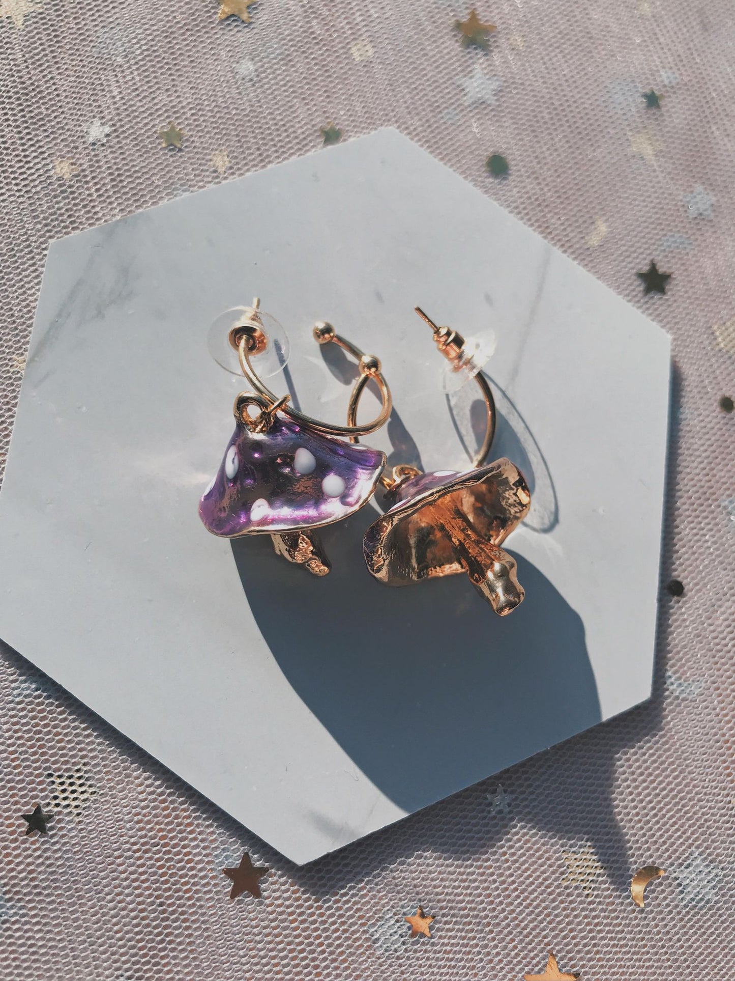 PURPLE & GOLD MUSHROOM EARRINGS