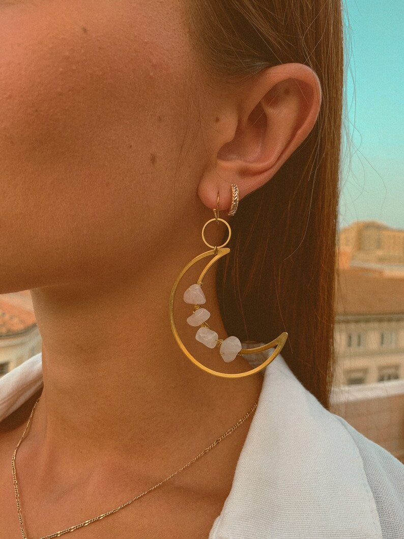ROSE QUARTZ CRYSTAL MOON EARRINGS