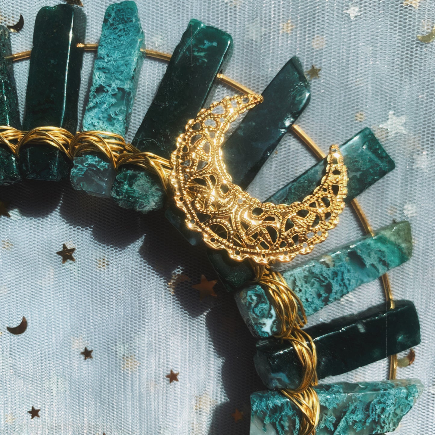 MOSS AGATE GOLD HALO MOON GODDESS CRYSTAL CROWN