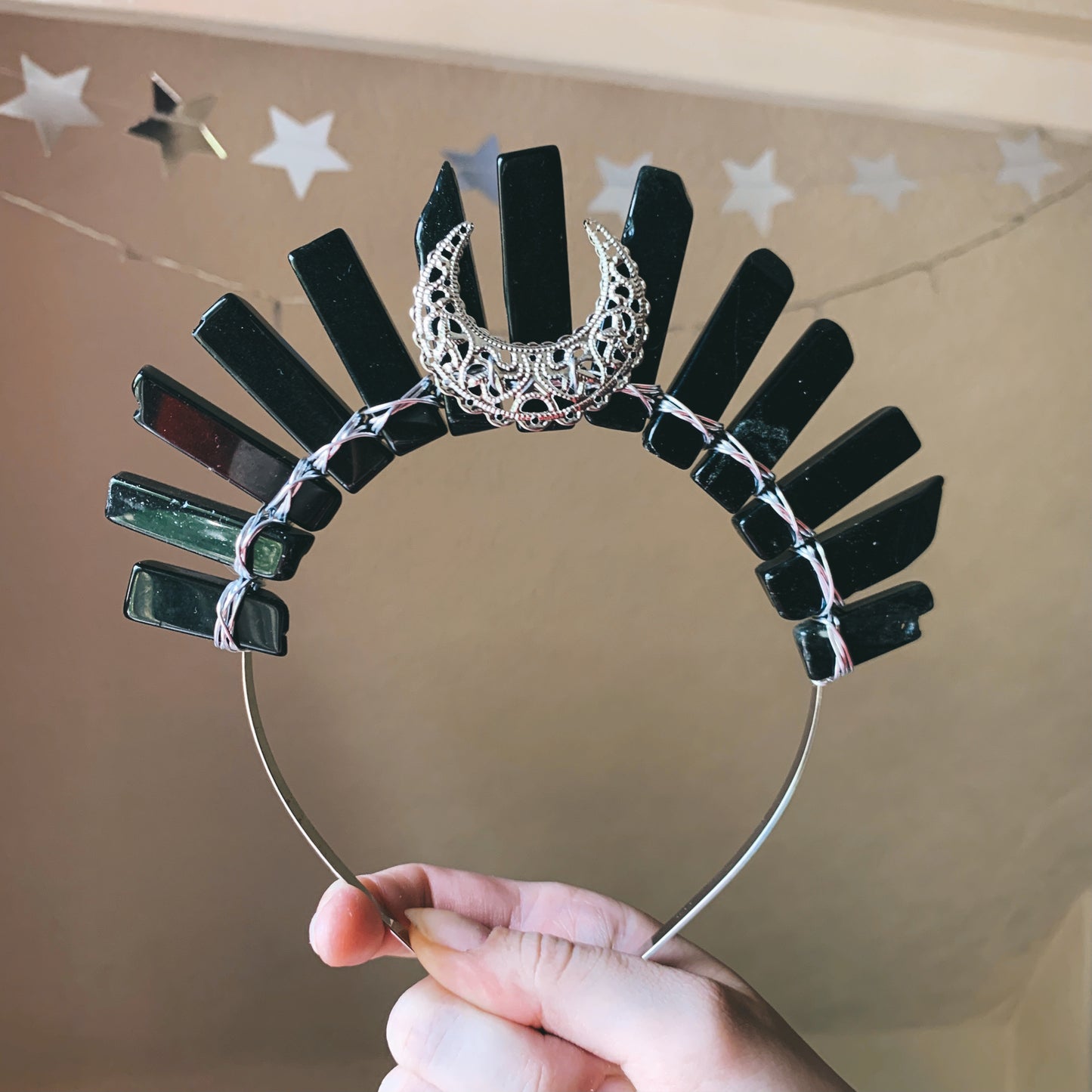 BLACK AGATE MOON SILVER GODDESS CRYSTAL CROWN
