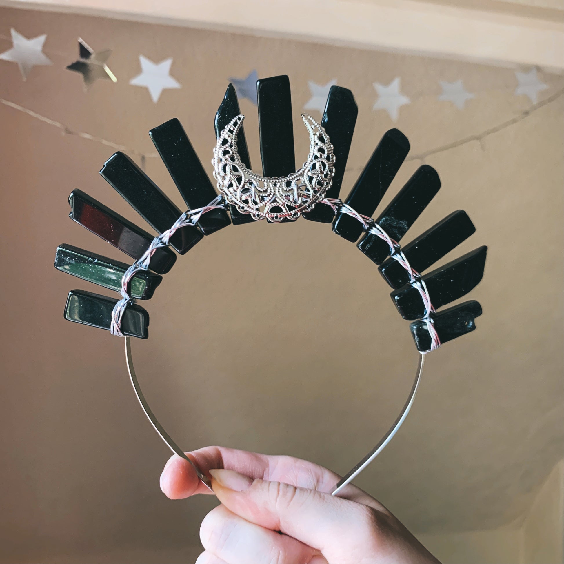 BLACK AGATE MOON SILVER GODDESS CRYSTAL CROWN