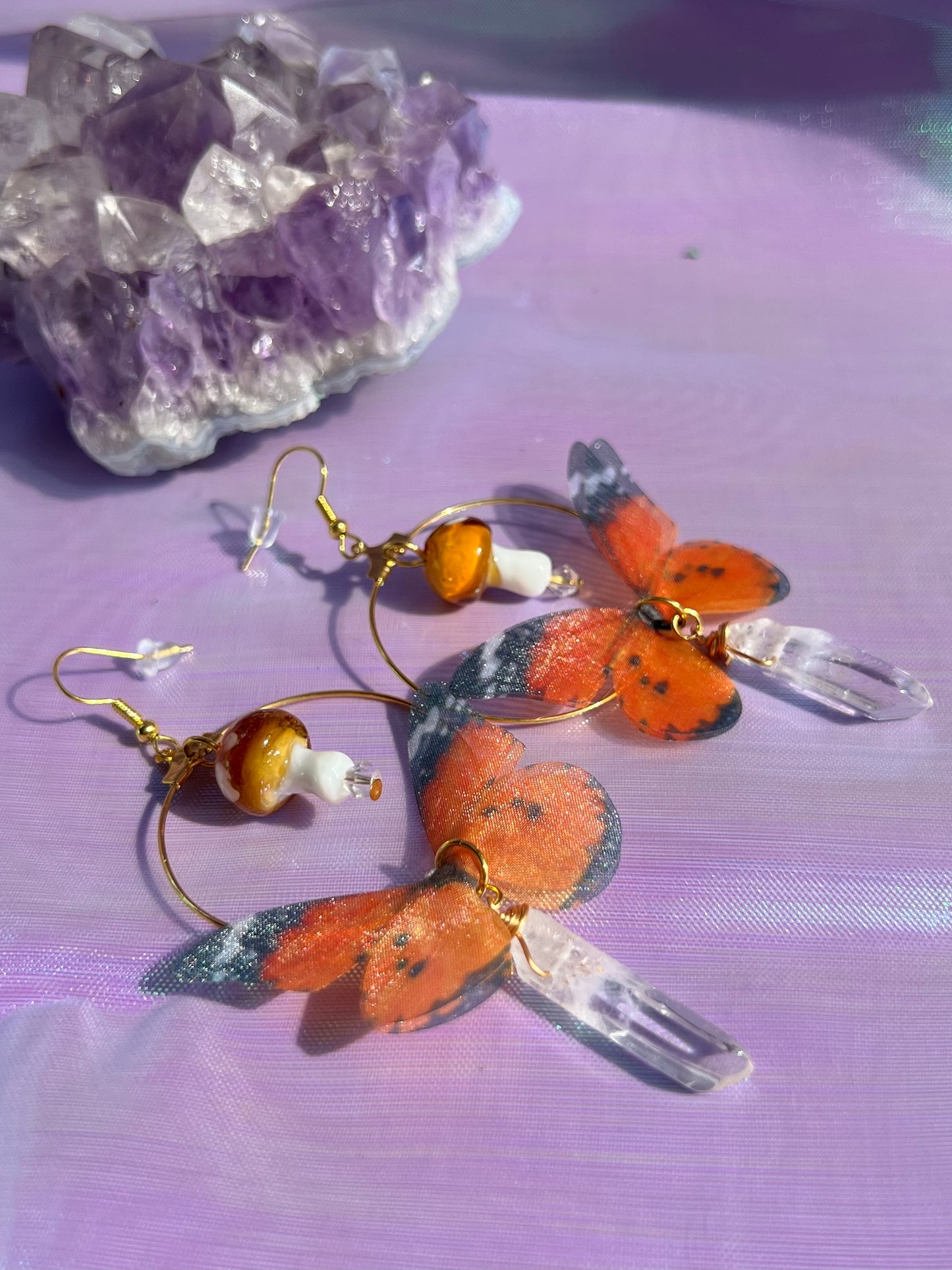 MUSHROOM & BUTTERFLY CLEAR QUARTZ EARRINGS