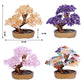 Four crystal bonsai trees with different color schemes and dimensions shown.