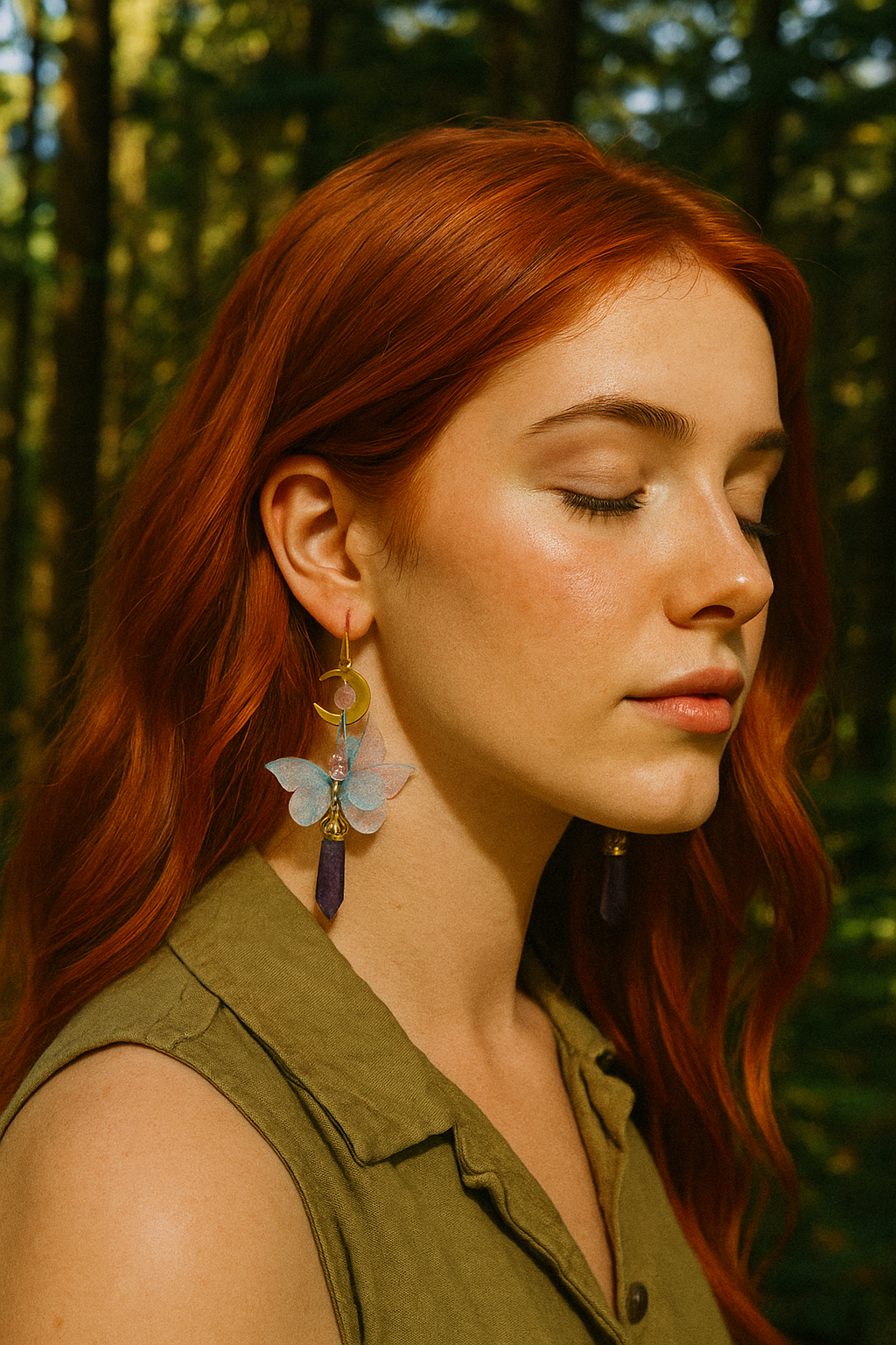 Woman with red hair wearing butterfly earrings in a forest setting