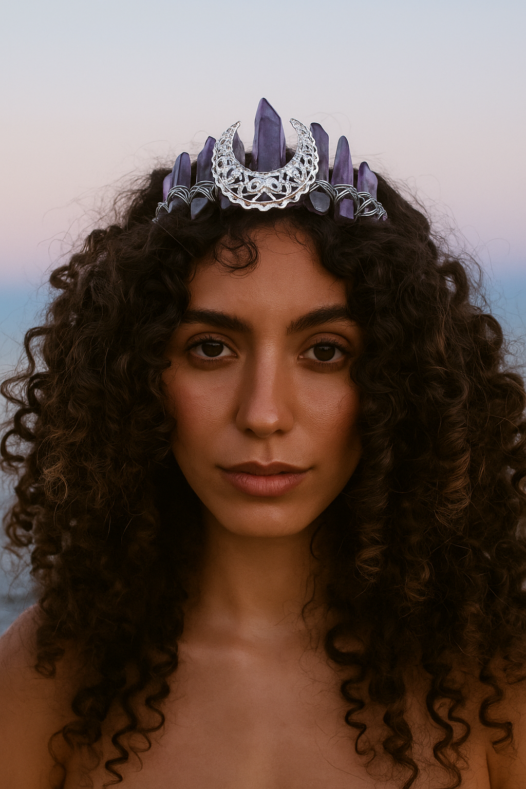 Woman wearing a decorative purple and silver tiara against a blurred natural background