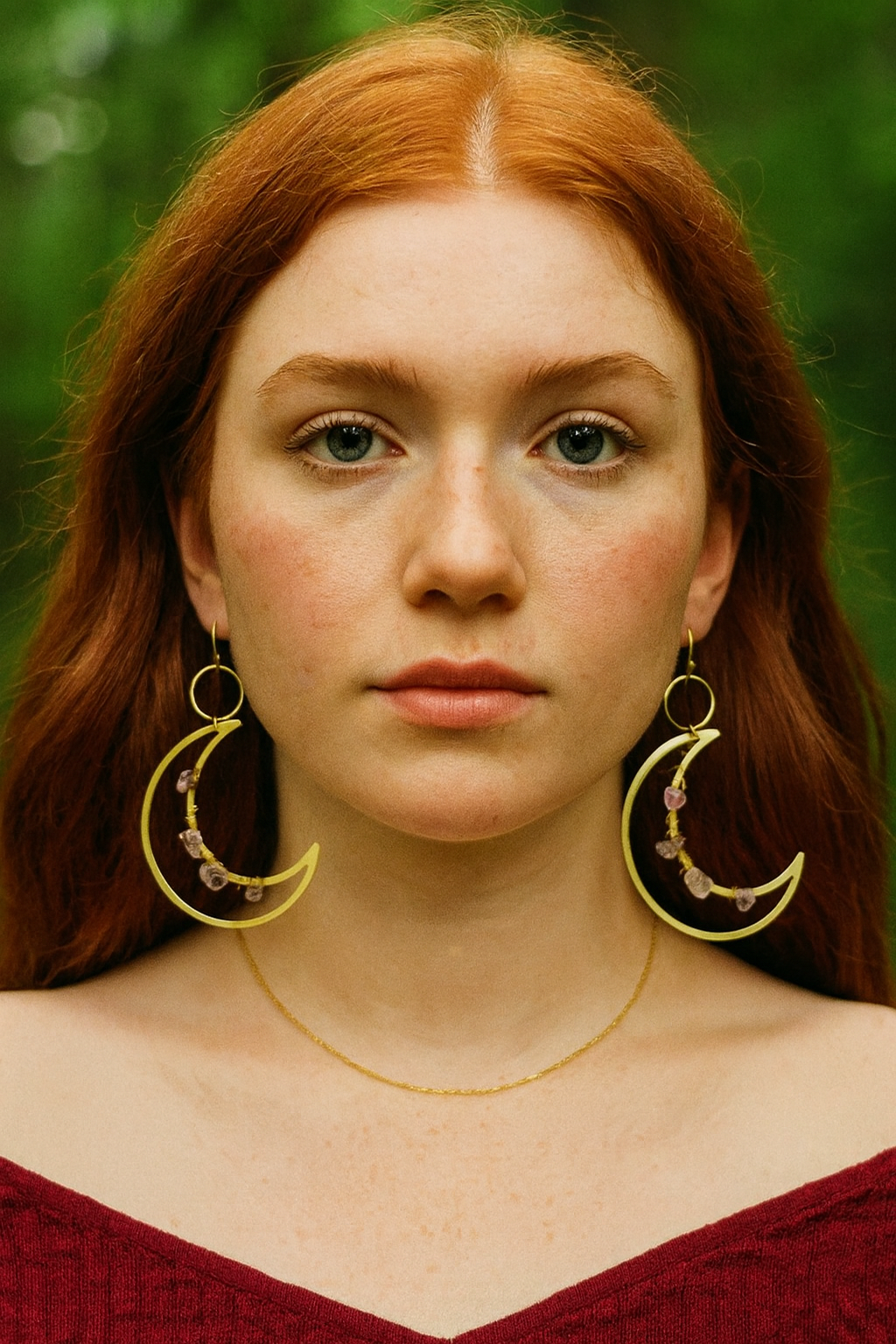 Woman wearing gold hoop earrings with crescent moon designs against a blurred green background