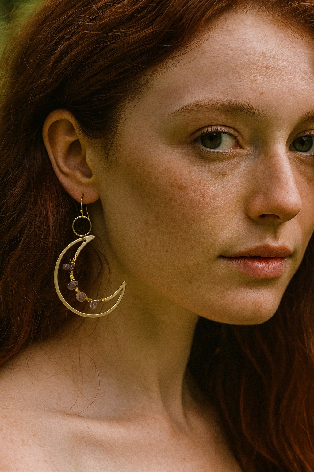 Close-up of a woman wearing gold earrings with a blurred natural background