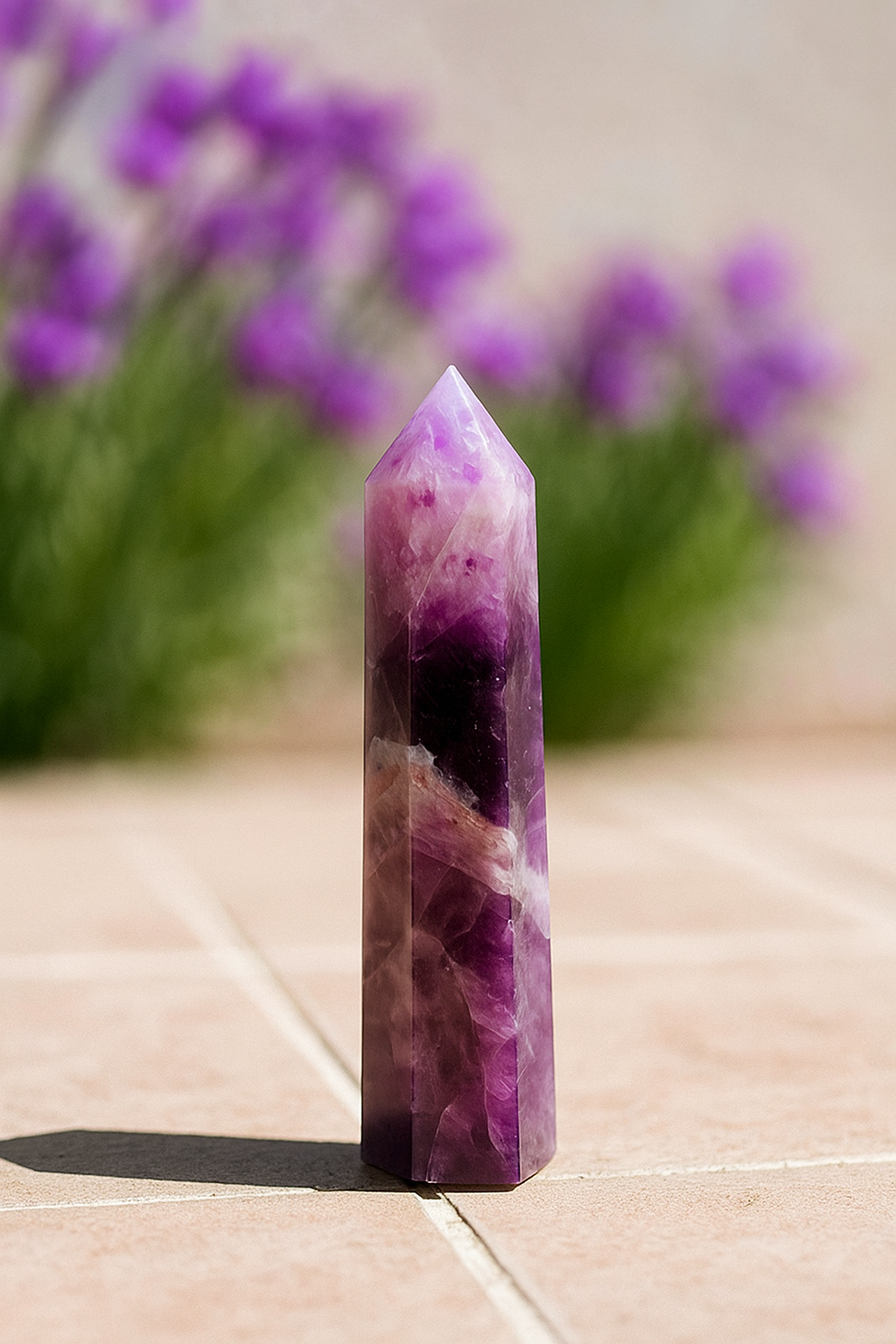 Amethyst crystal tower on a stone surface with blurred purple flowers in the background