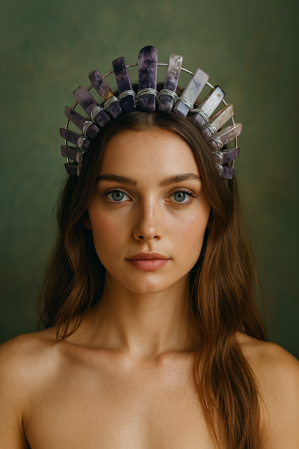 Woman wearing a decorative headpiece against a green background