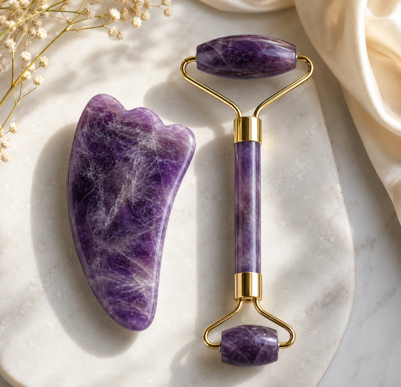 Purple jade roller and gua sha tool on a marble surface with dried flowers.