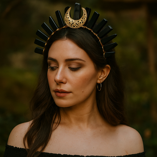 Woman wearing a black and gold headpiece against a blurred natural background