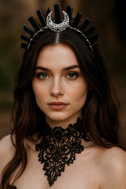 BLACK AGATE MOON SILVER GODDESS CRYSTAL CROWN