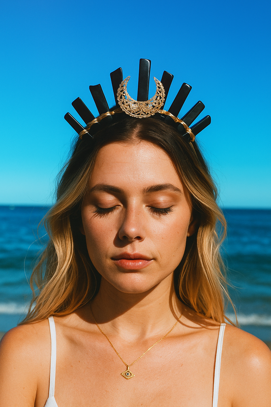 Woman wearing a decorative headpiece against a blue sky and ocean background