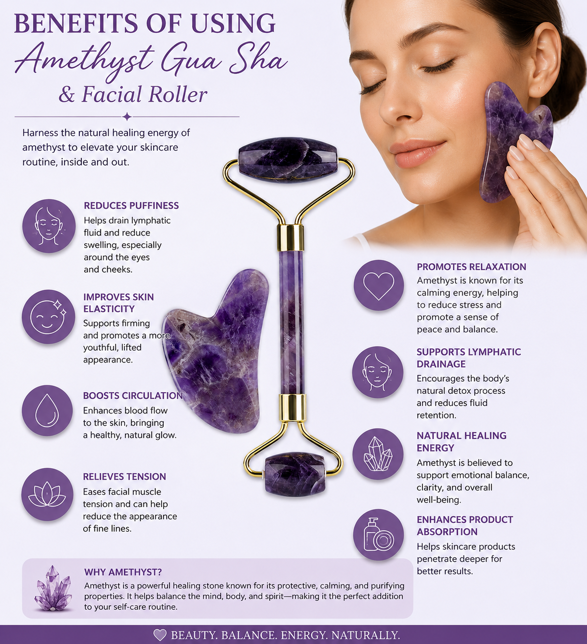 Amethyst Gua Sha and Facial Roller with benefits listed on a white background