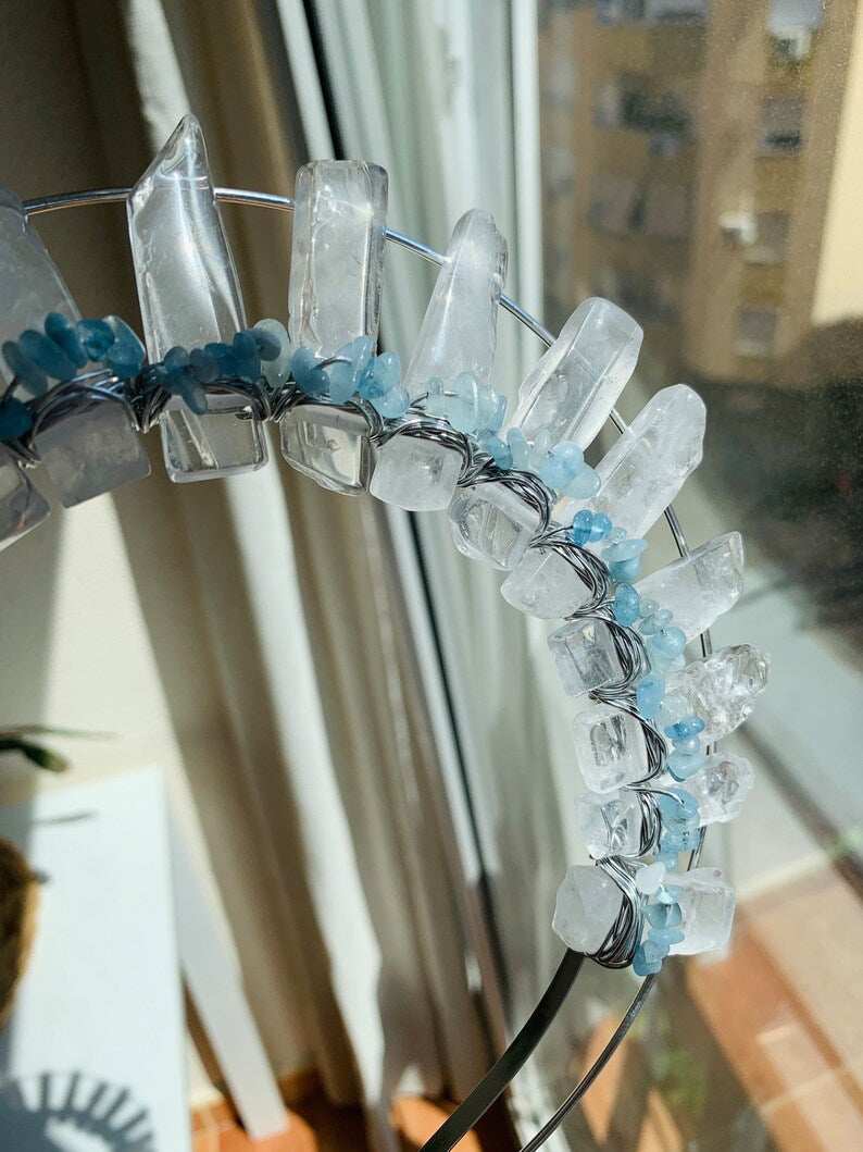 CLEAR QUARTZ & AQUAMARINE GODDESS HALO CRYSTAL CROWN