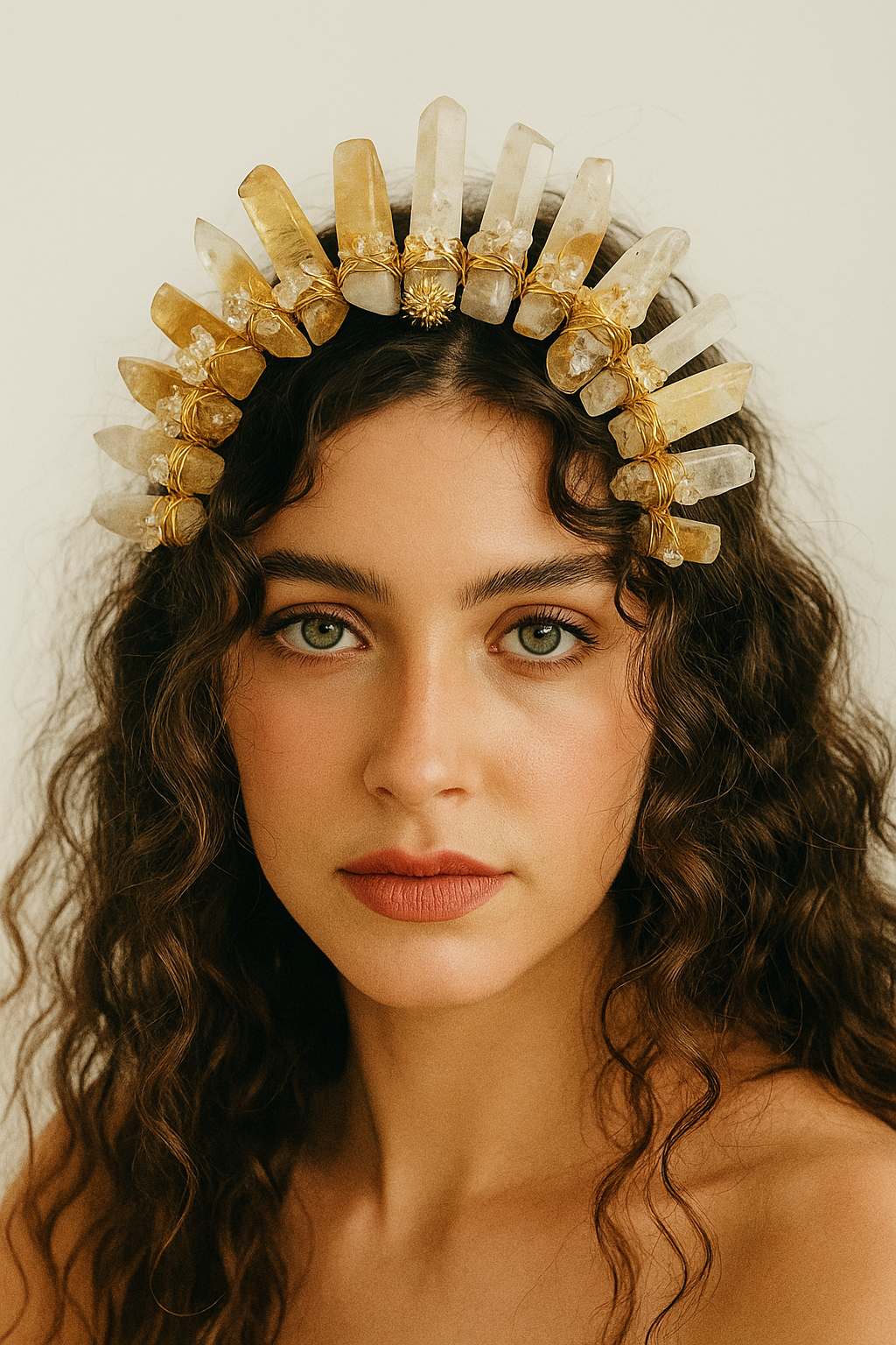 Woman wearing a decorative headpiece with crystals and gold accents on a plain background
