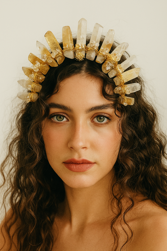 Woman wearing a decorative headpiece with crystals and gold accents on a plain background