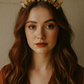 Woman wearing a crystal crown with a warm, earthy-toned background
