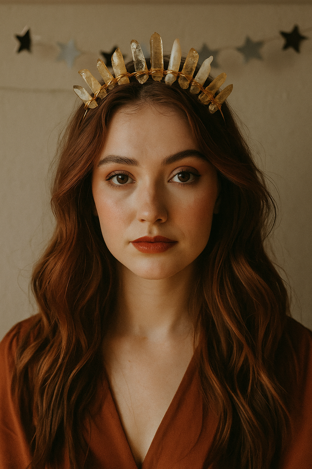 Woman wearing a crystal crown with a warm, earthy-toned background