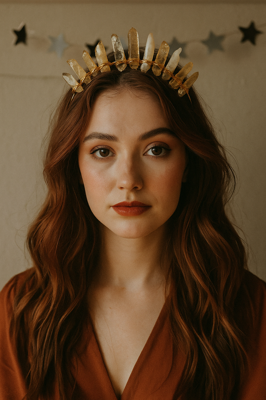 Woman wearing a crystal crown with a warm, earthy-toned background