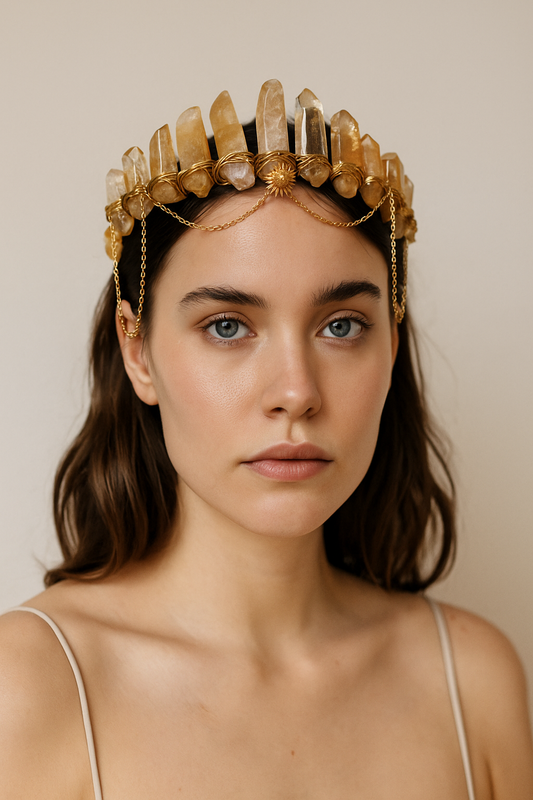 Woman wearing a gold headpiece with crystals against a neutral background