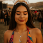 Woman wearing a colorful top and decorative headpiece with a blurred outdoor background