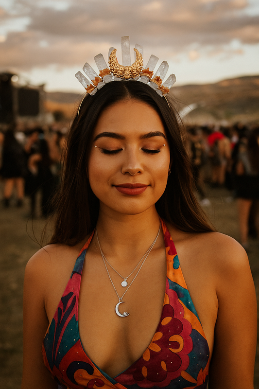 Woman wearing a colorful top and decorative headpiece with a blurred outdoor background