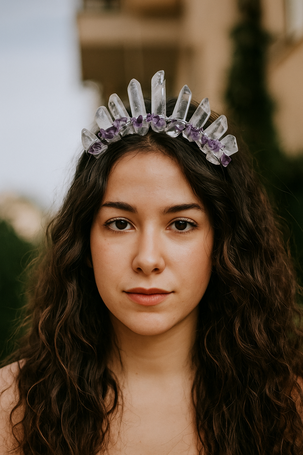 CLEAR QUARTZ & AMETHYST SILVER GODDESS CRYSTAL CROWN