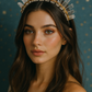 Woman wearing a crystal headband against a dark blue background