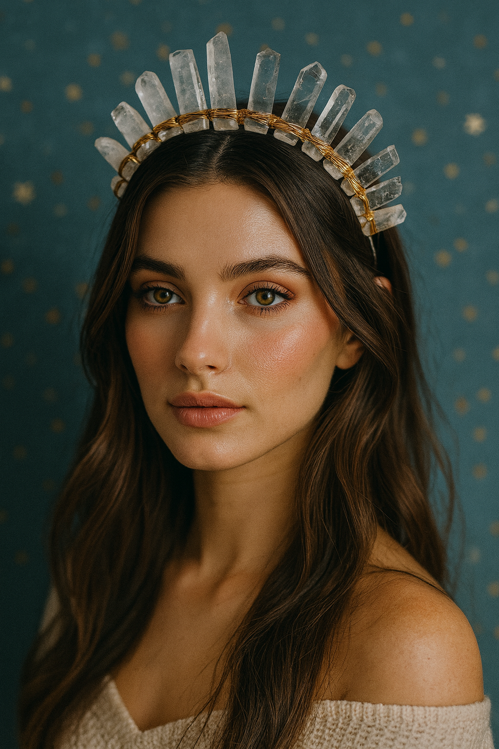 Woman wearing a crystal headband against a dark blue background