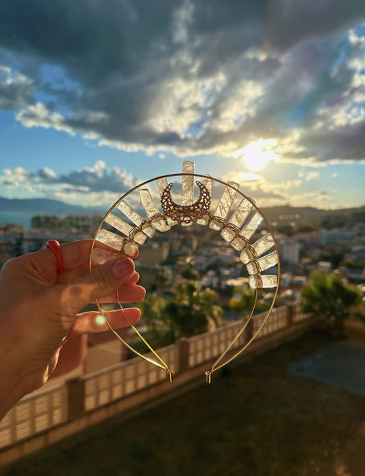 CLEAR QUARTZ GOLD HALO MOON GODDESS CRYSTAL CROWN