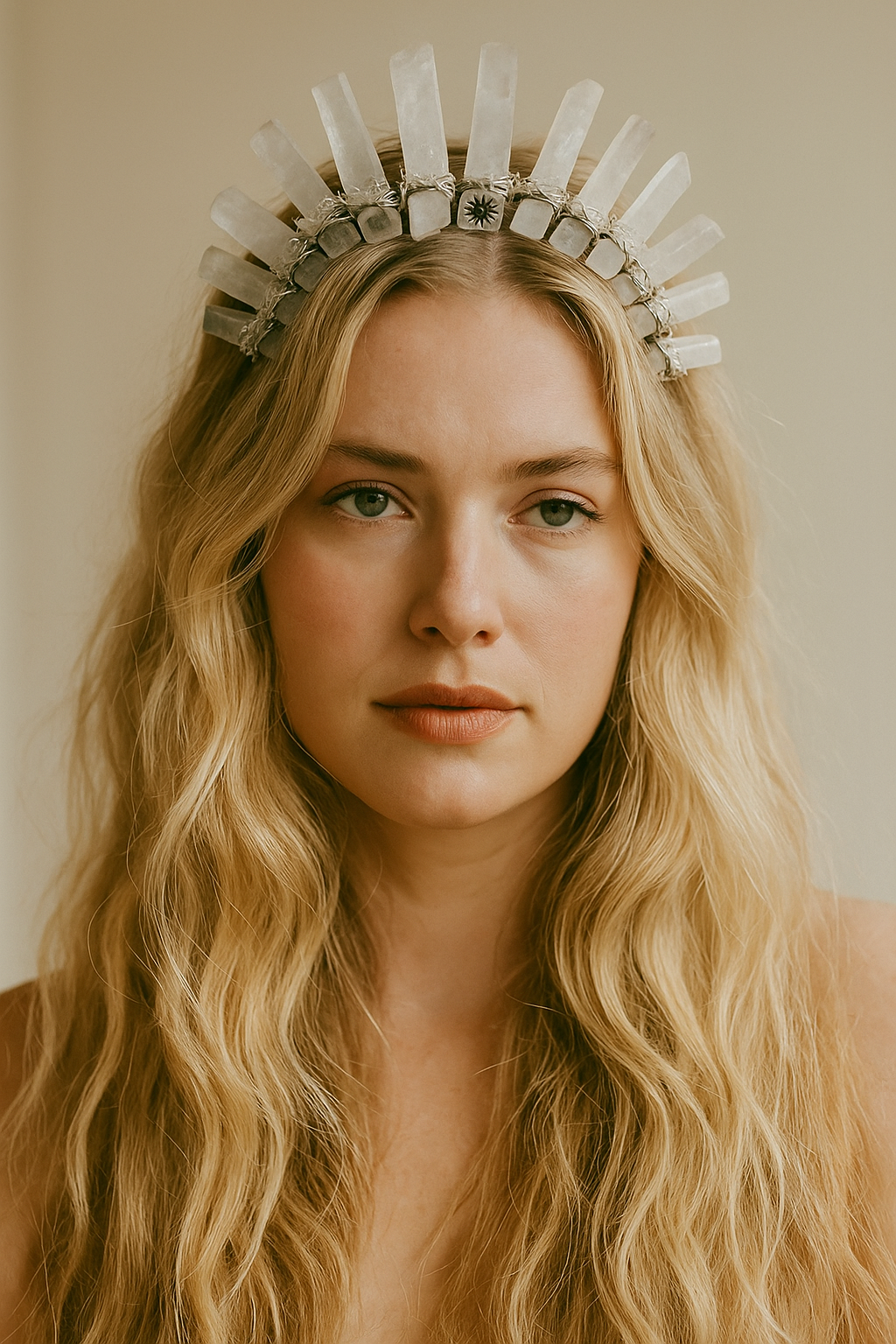 Woman wearing a decorative headpiece with crystals against a neutral background