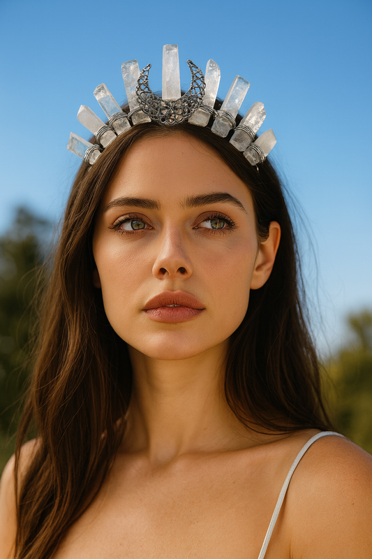 Woman wearing a crystal crown against a clear blue sky
