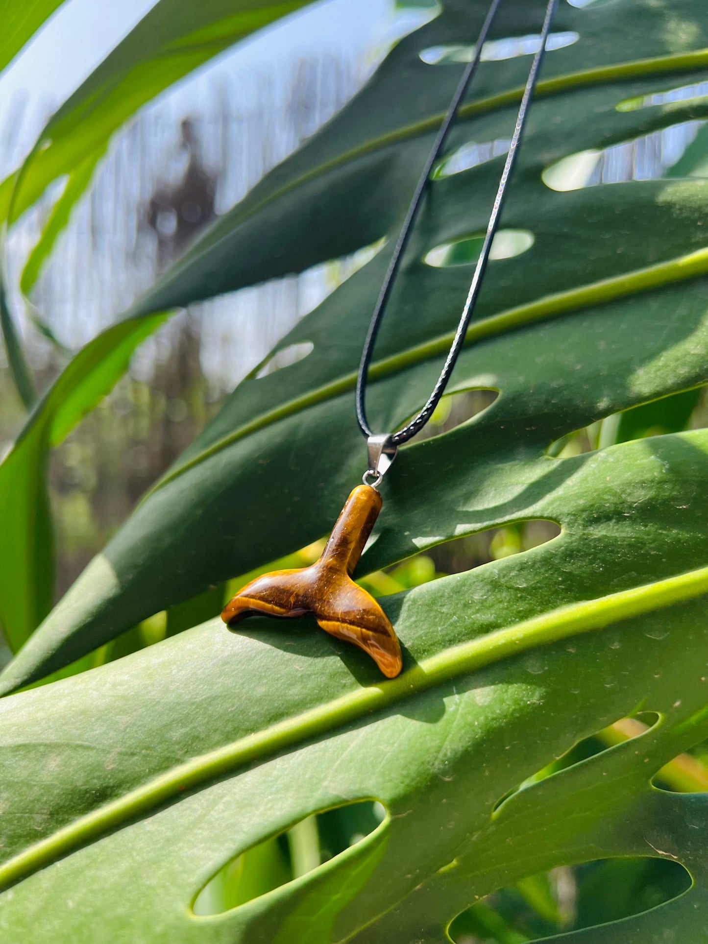A wooden whale tail pendant necklace with a black cord, resting on a large green monstera leaf in natural outdoor light.