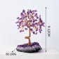 Purple crystal tree on a dark purple base with measurements indicated