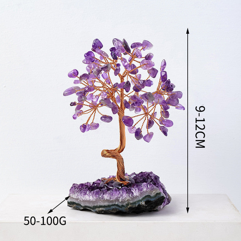 Purple crystal tree on a dark purple base with measurements indicated