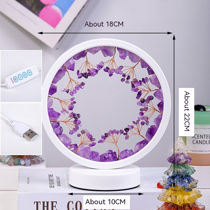 Round decorative item with purple flowers and measurements on a white surface.