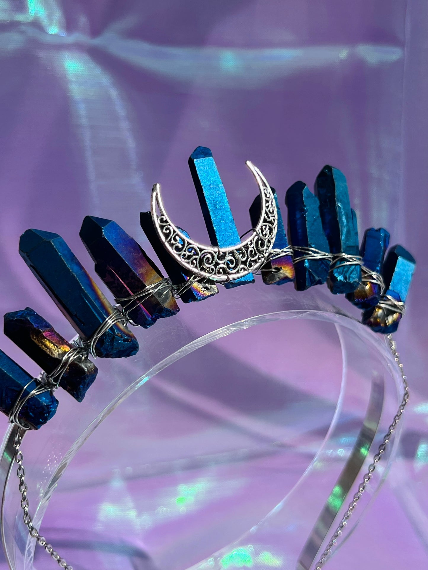 BLUE RAINBOW AURA SILVER GODDESS CRYSTAL CROWN