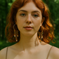 Woman with red hair and large earrings standing in a forest