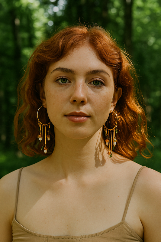 Woman with red hair and large earrings standing in a forest