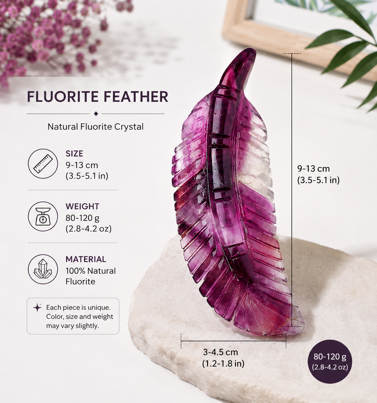 A translucent purple fluorite feather crystal sculpture displayed on a light stone pedestal, with product dimensions, weight, and material information printed on the left side of the image.