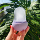 A hand with red nail polish holds a lavender purple silicone mold containing a clear ice cube, set against a background of large green monstera leaves and blue sky.